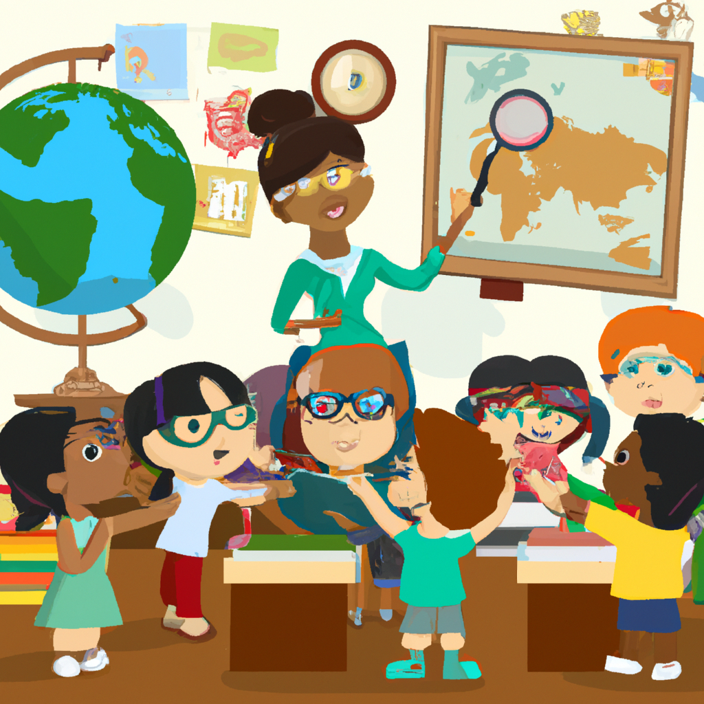 a cozy, well-lit classroom with diverse students of various ethnicities gathered around a large, antique world globe on a wooden stand. They are excitedly pointing to different coun