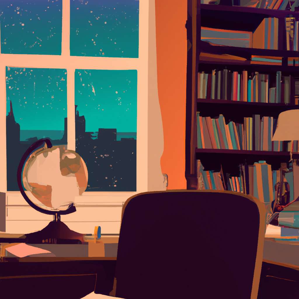 A cozy, scholarly home office featuring a large wooden desk cluttered with books, a notebook, and a vintage, illuminated globe casting a soft glow, while a window in the background shows a bustling ci