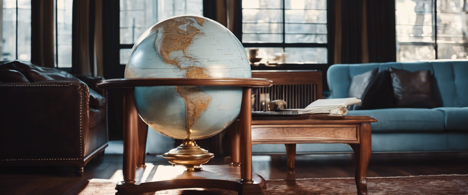 An elegant and cozy living room interior featuring a large floor standing globe brightly illuminated, with lush green plants and bookshelves in the background.