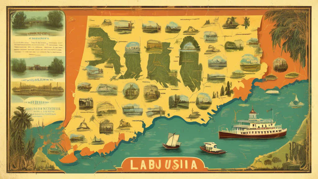 Here's a potential DALL-E prompt for an image related to the article title Exploring the Bayou State: A Comprehensive Map of Louisiana:
An illustrated map of Louisiana featuring iconic landmarks, bay