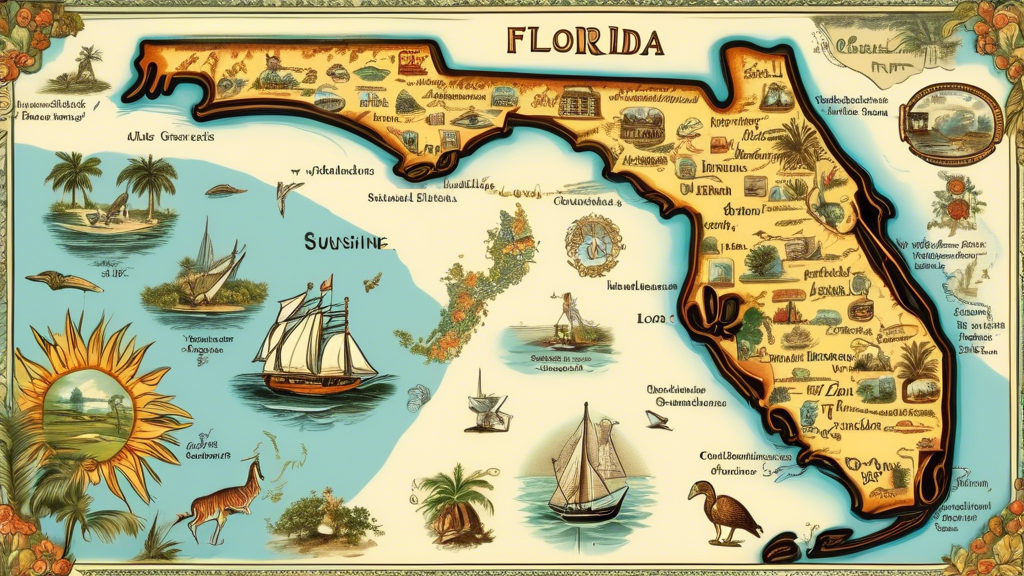 Here is a DALL-E prompt for an image related to the article title Exploring the Sunshine State: A Comprehensive Map of Florida:
A highly detailed illustrated map of the state of Florida with icons or