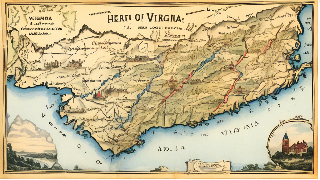 Here is a potential DALL-E prompt for an image relating to the article title Virginia State Map: Explore the Heart of the Old Dominion:
A beautifully illustrated vintage-style map of the state of Vir