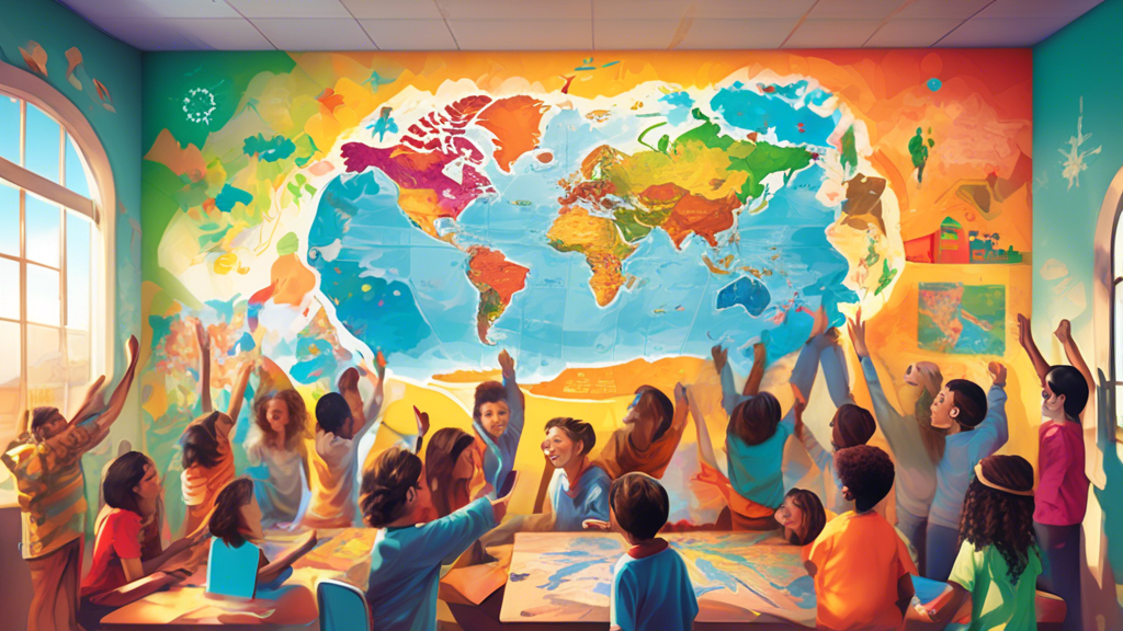 A colorful, detailed world map mural on a classroom wall, with students of various ages gathered around it, pointing at different continents and countries with excited expressions, as l