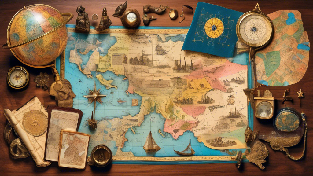 Various historical eras and cultures, including an ancient Egyptian papyrus map, a medieval European map with mythical creatures, an ornate Islamic