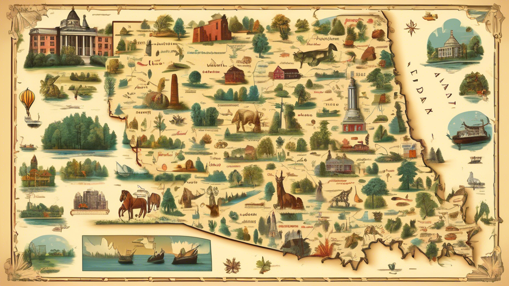 A detailed illustrated map of the state of Indiana, showing its major cities, natural features like rivers and lakes, state parks and forests, historic landmarks, and points of interest. The map could