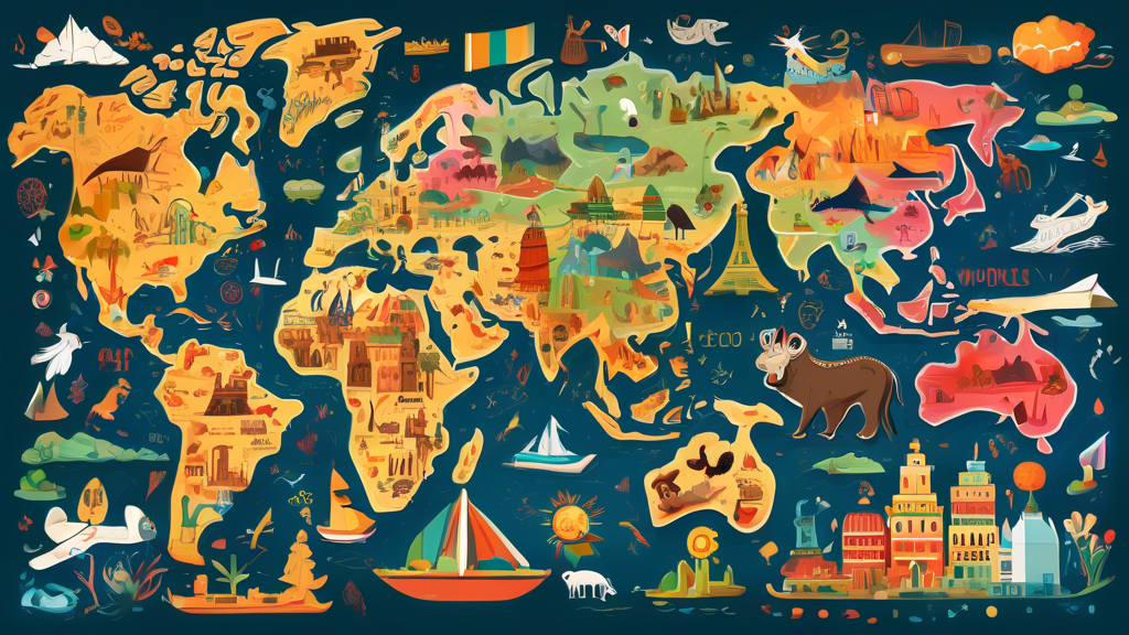 A colorful, stylized world map with various landmarks, animals, and cultural elements from different countries and regions, designed in a playful and educational style to inspire curios