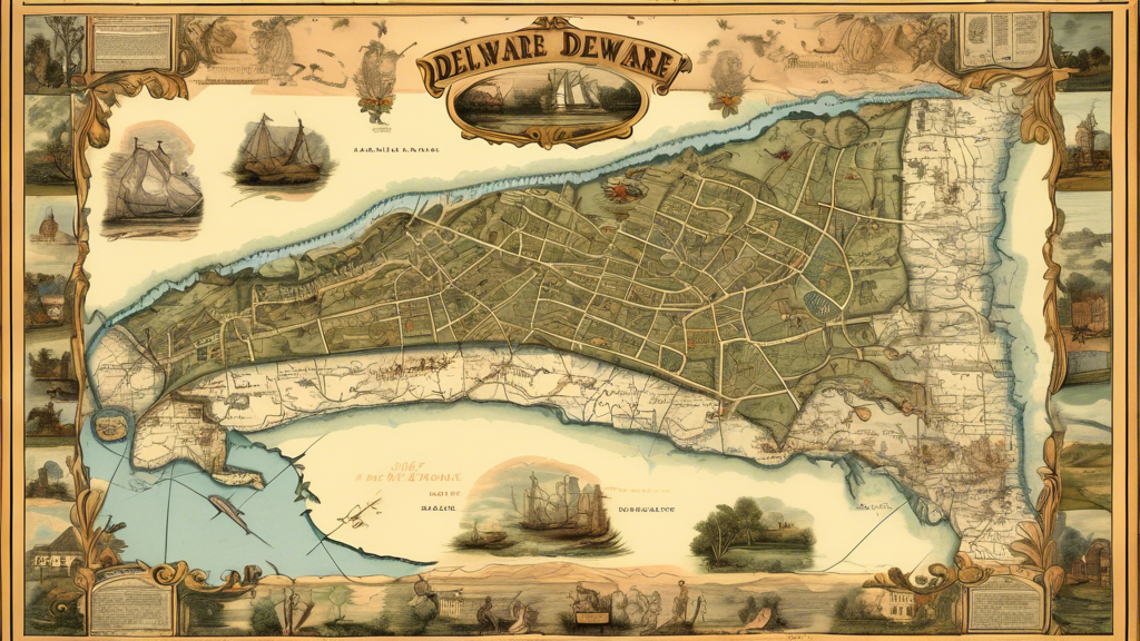 Here is a possible DALL-E prompt for an image relating to the article title Exploring the First State: A Comprehensive Map of Delaware:
A highly detailed illustrated map of the state of Delaware, sho