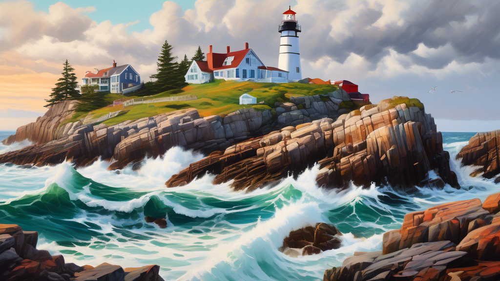 DALL-E prompt: A photorealistic oil painting of a rugged, rocky coastline in Maine with crashing waves, lighthouses, and a vibrant coastal town with colorful houses and boats in the background.