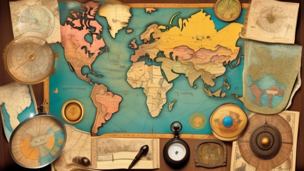 A collage of colorful, illustrated maps from various historical eras and cultures, including an ancient Egyptian papyrus map, a medieval European map with mythical creatures, an ornate Islamic