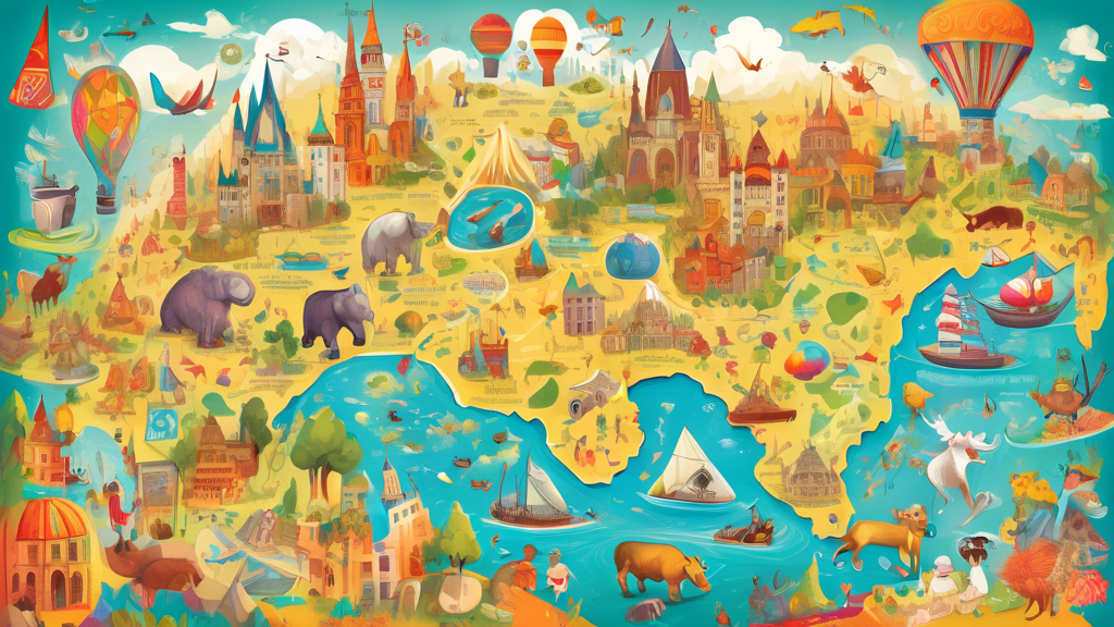 A colorful and whimsical illustration of a young child exploring a magical, oversized map filled with vibrant landmarks, cute animals, and fun symbols, encouraging curiosity and adventure in l
