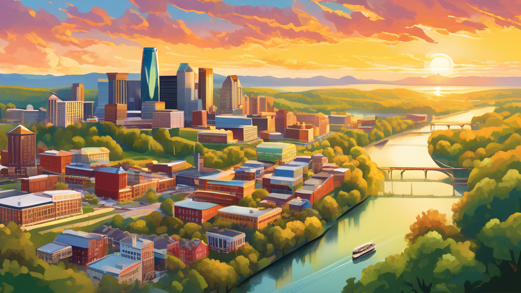 DALL-E prompt: A picturesque aerial view of Tennessee's diverse landscape, showcasing rolling green hills, the winding Mississippi River, the majestic Great Smoky Mountains, and the vibrant city skyli