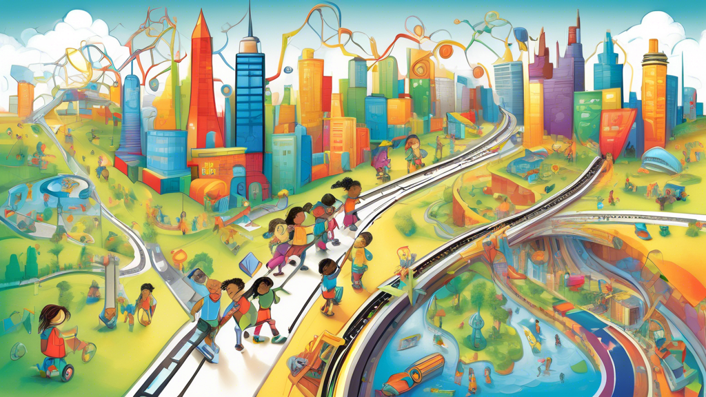 Elementary STEM curriculum map integrating science, technology, engineering, and math:Colorful illustration of happy diverse elementary students exploring