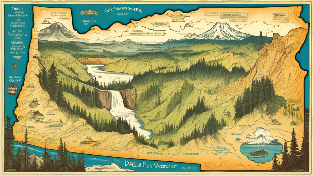 Here is a prompt for DALL-E to generate an image related to the article title Oregon's Scenic Wonders: A Map Unveiling Nature's Grandeur:
A vintage-style illustrated map of Oregon showing iconic natu