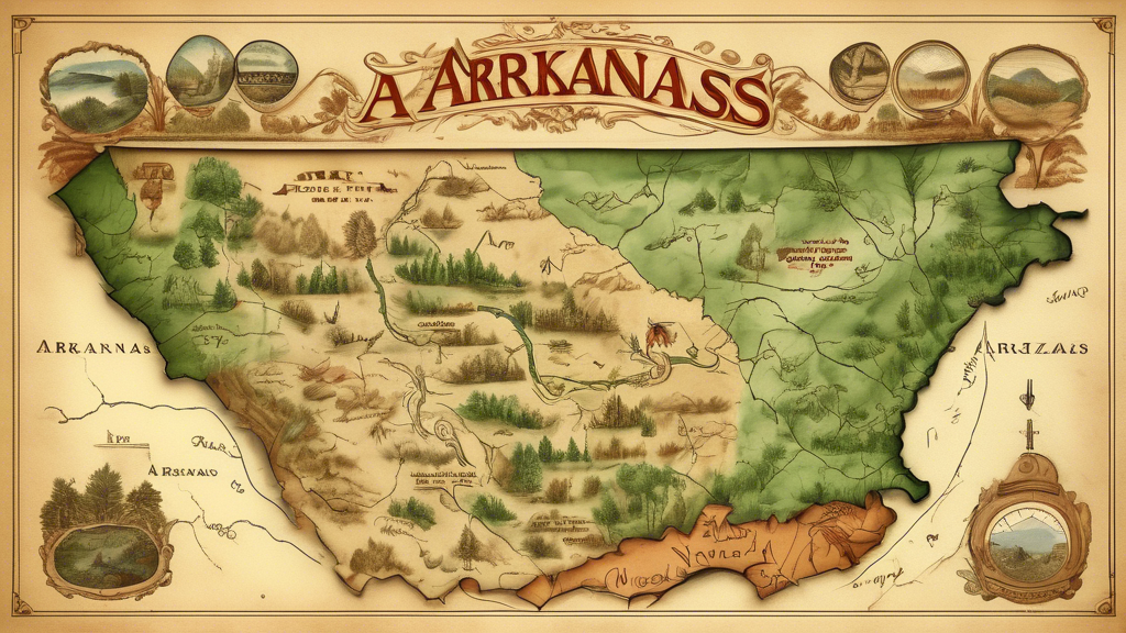 Here is a DALL-E prompt for an image related to the article title Exploring the Natural Beauty of Arkansas: A Comprehensive Map Guide:

A highly detailed illustrated map of the state of Arkansas featu