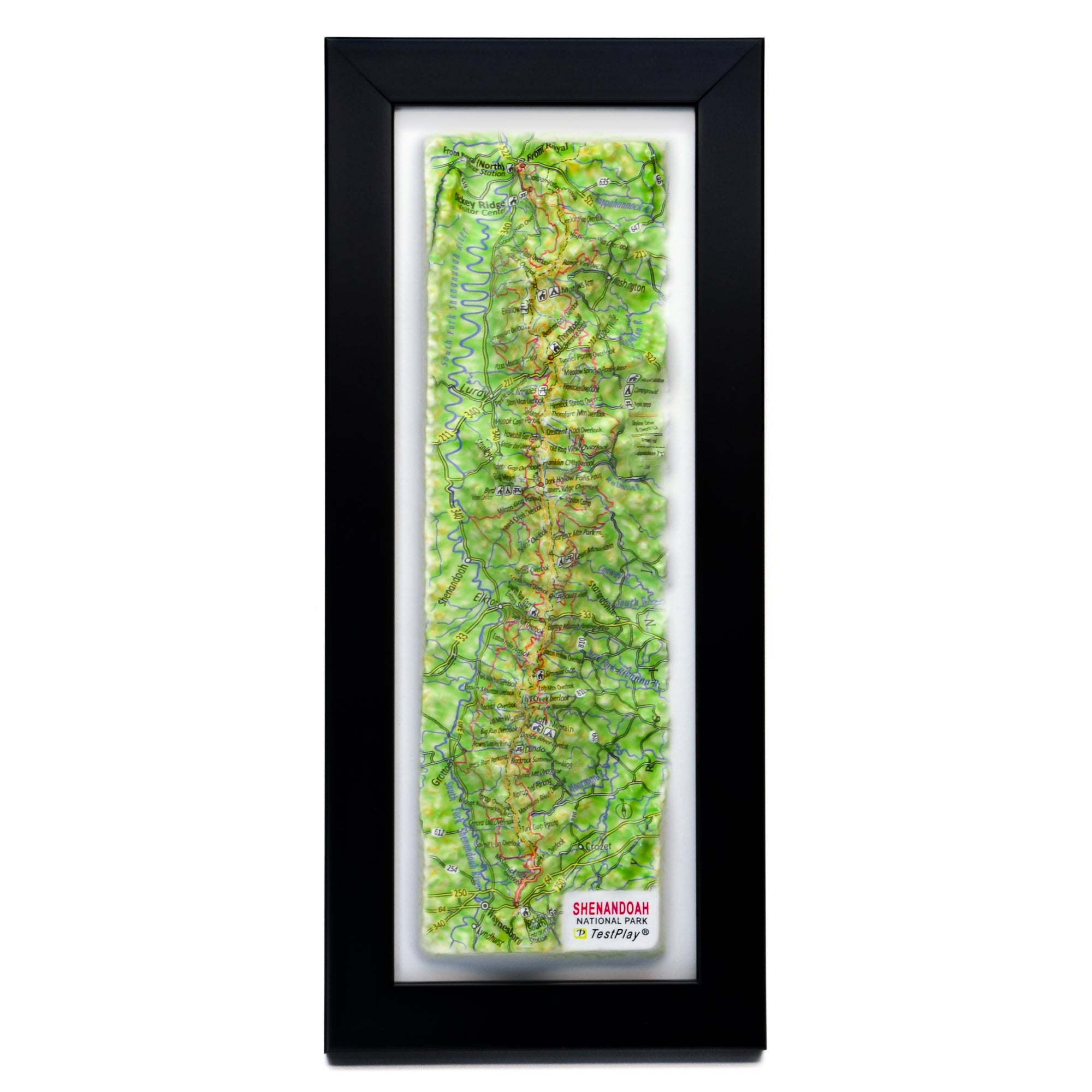TestPlayNA 3D raised relief map of Shenandoah National Park showing the Blue Ridge Mountains and Skyline Drive