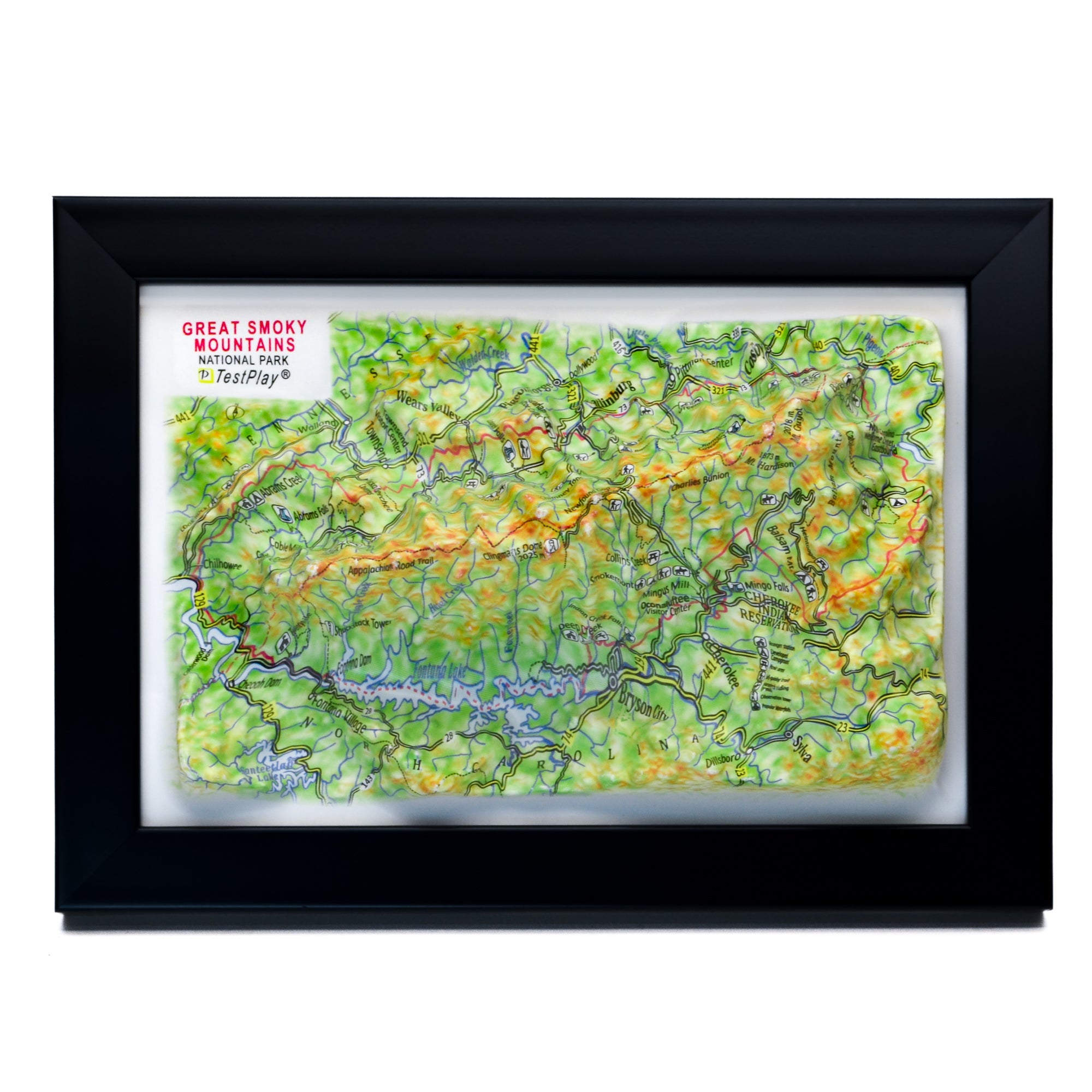 TestPlayNA 3D raised relief map of Great Smoky Mountains National Park showing mountains and hiking trails