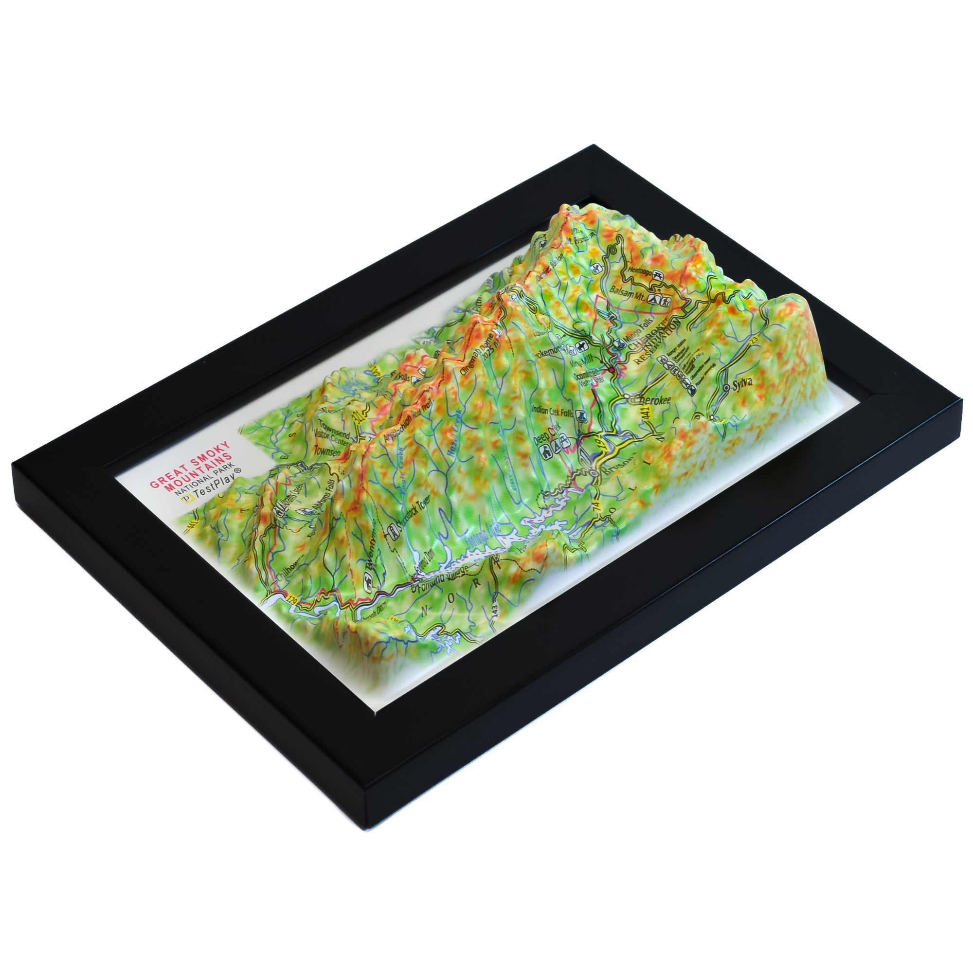 TestPlayNA 3D raised relief map of Great Smoky Mountains National Park showing mountains and hiking trails