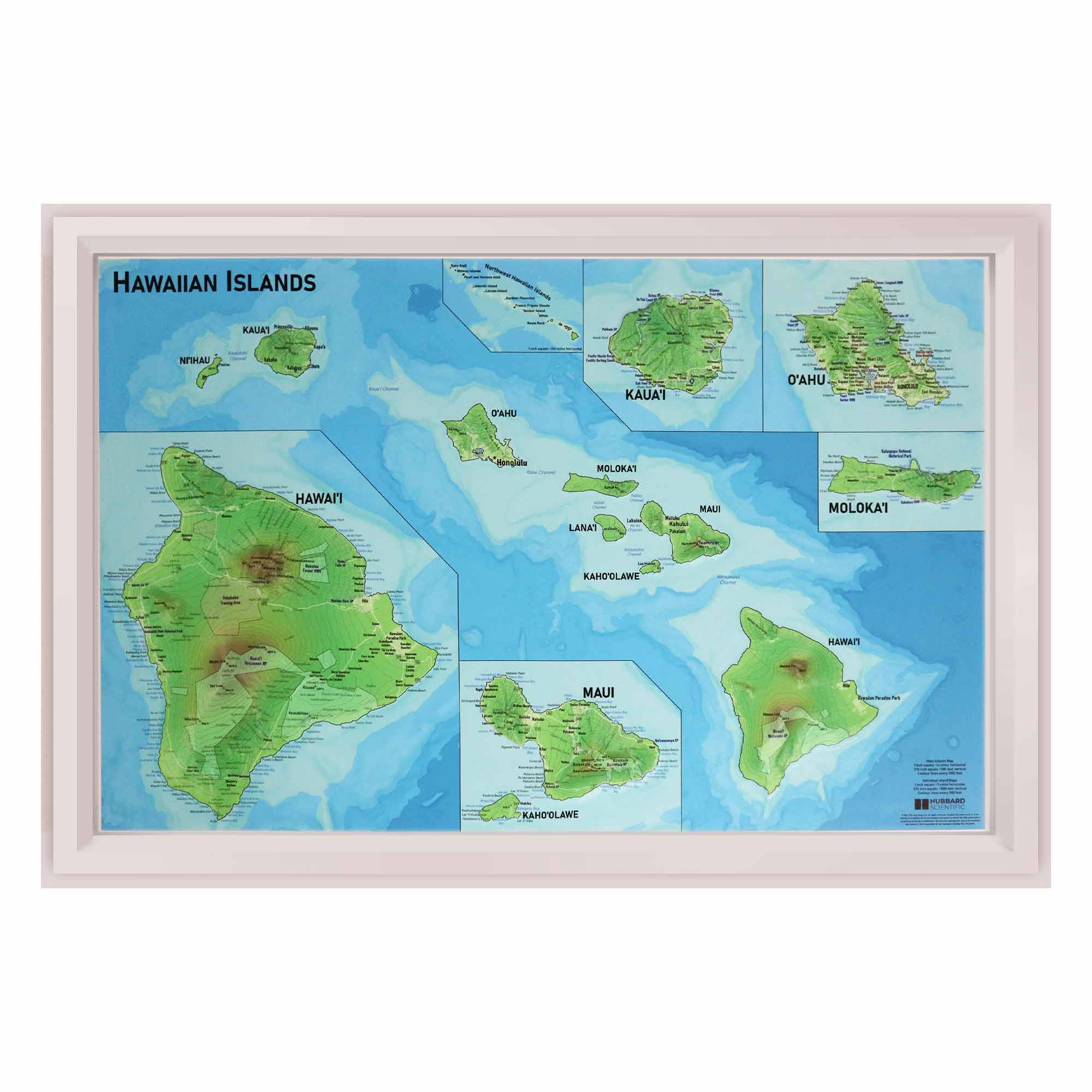 Hawaii Raised Relief 3D Map showcasing detailed topography with lush valleys, volcanic peaks, and rugged coastlines, perfect for educators, adventurers, and geography enthusiasts interested in Hawaii's natural beauty and cultural heritage.