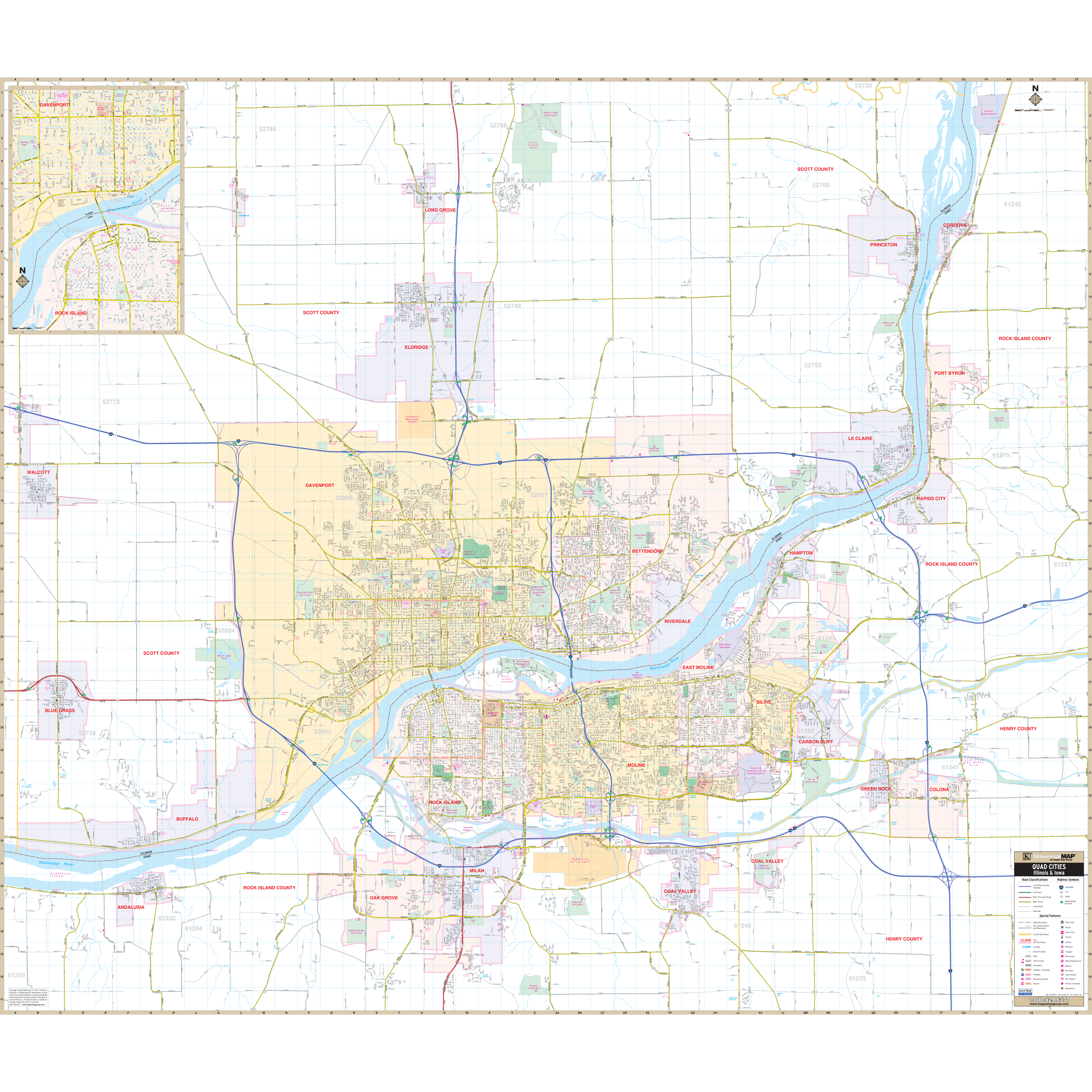 Quad Cities Of Ia And Il, Ia Wall Map - Large Laminated
