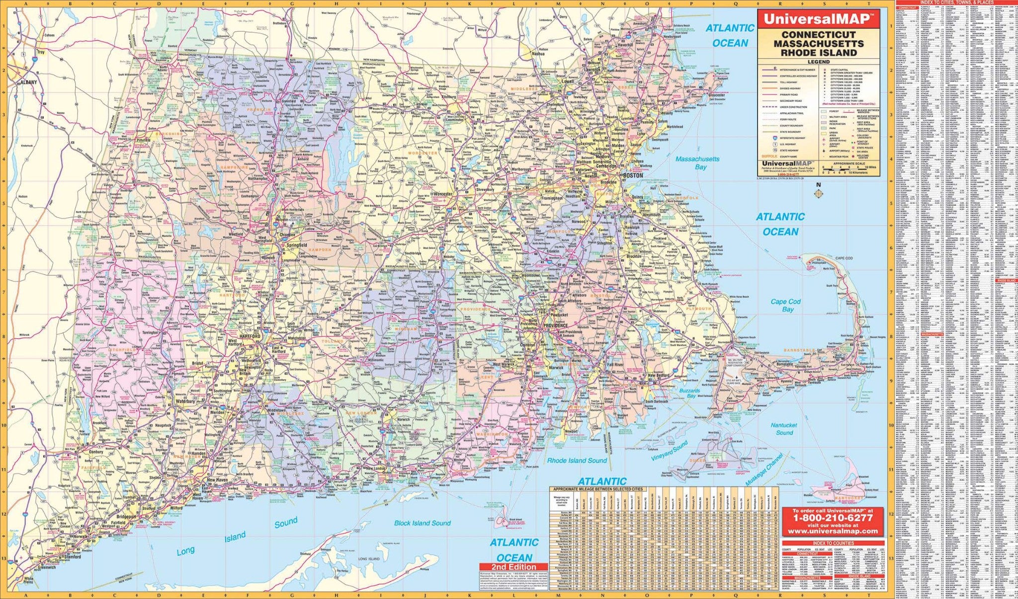 Connecticut, Rhode Island & Massachusetts State Wall Map