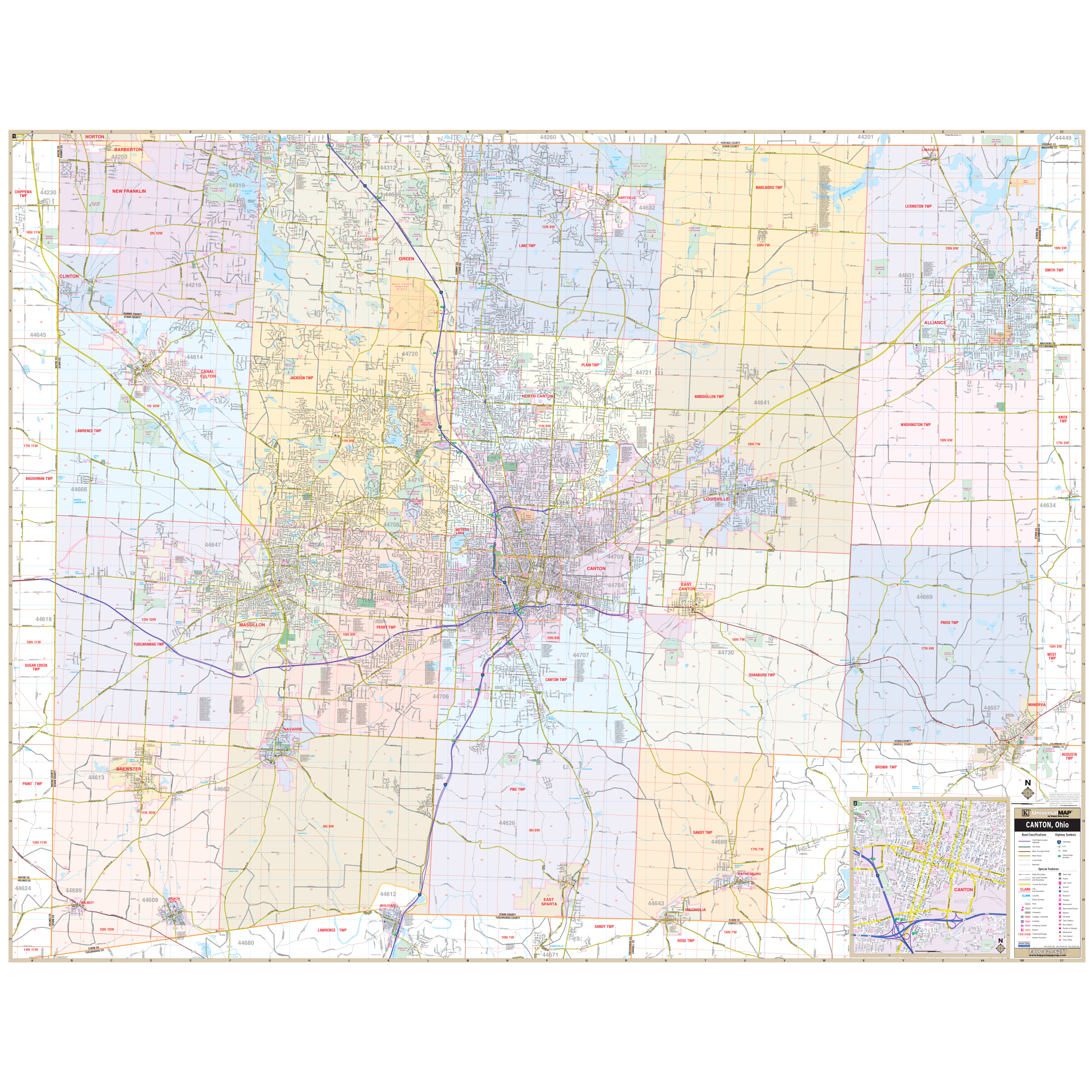Canton Stark County, Oh Wall Map - Large Laminated