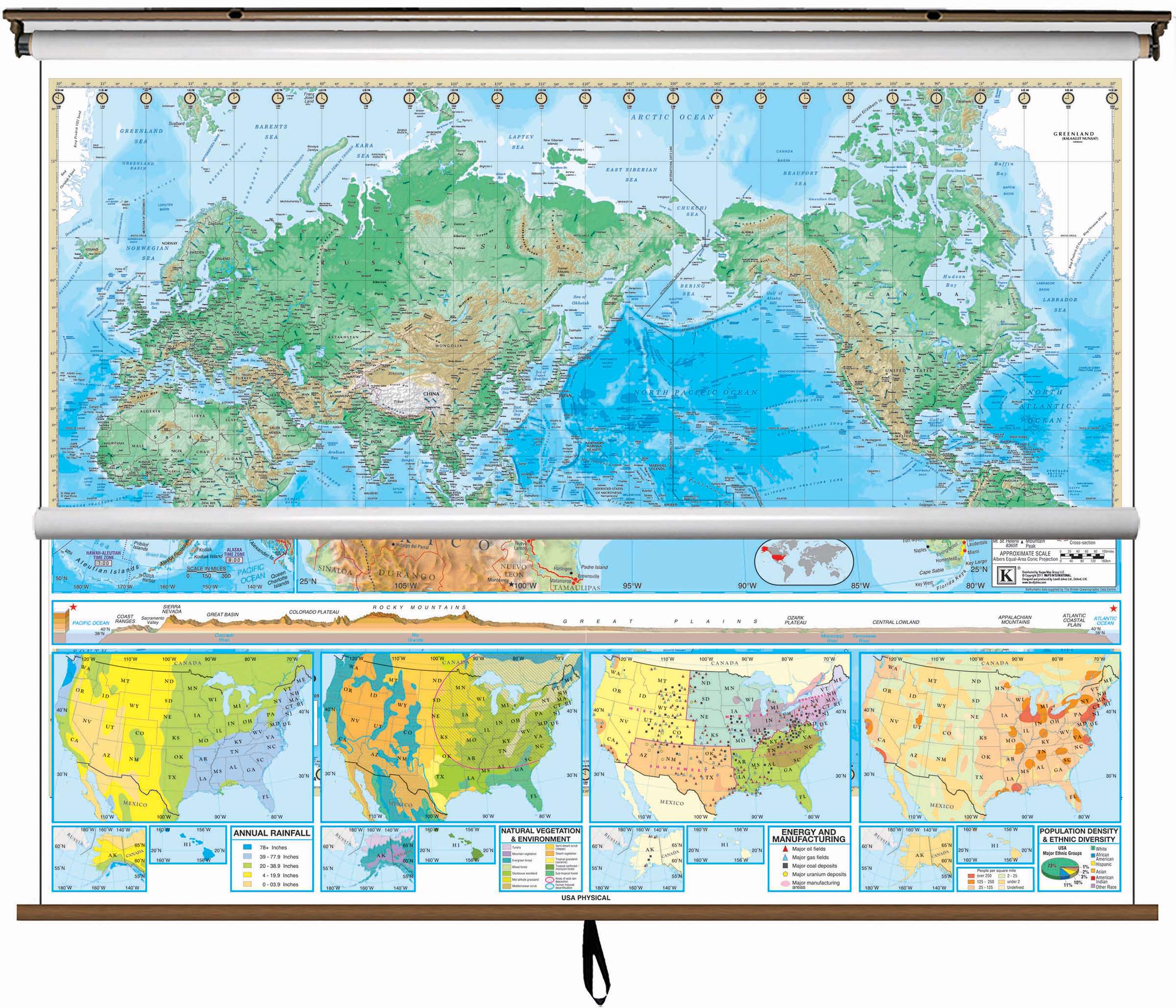 US and World Advanced Physical Classroom Pull Down pull-down map set.