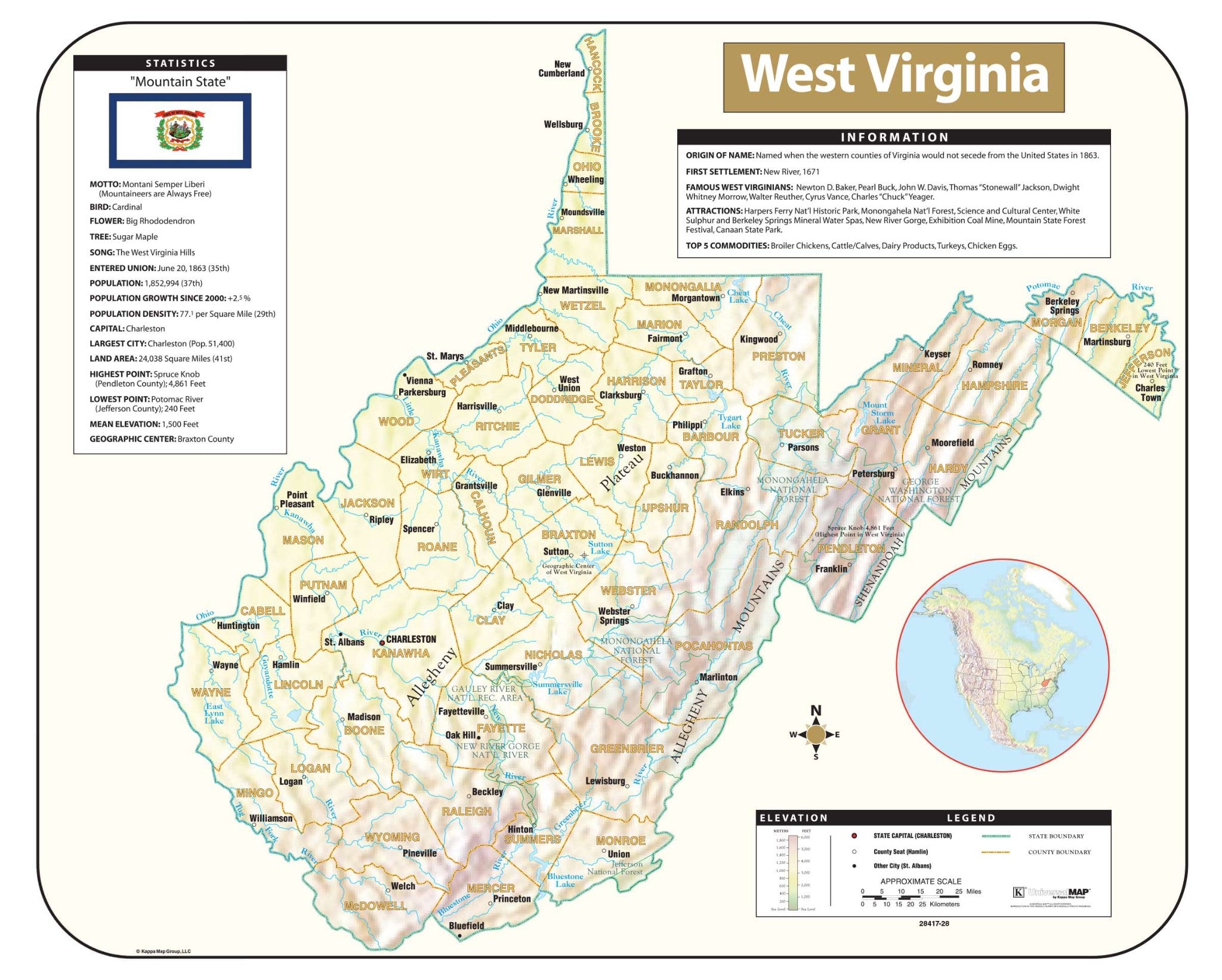 Kappa Map Group West Virginia Shaded Relief Map