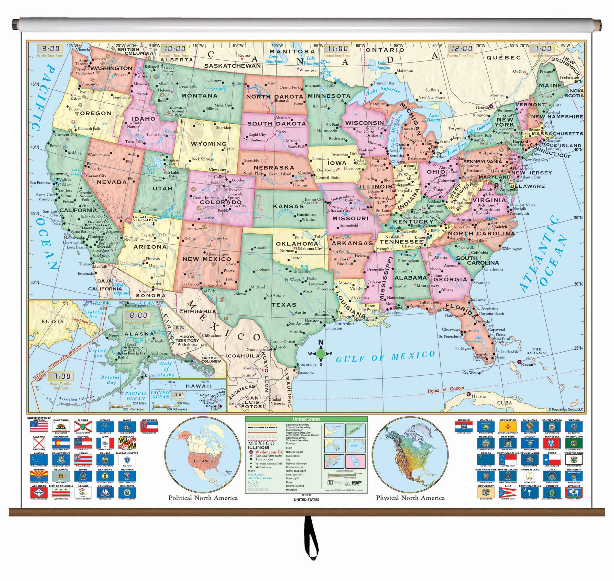 US/World Essential Combo Classroom Pull Down Wall Map