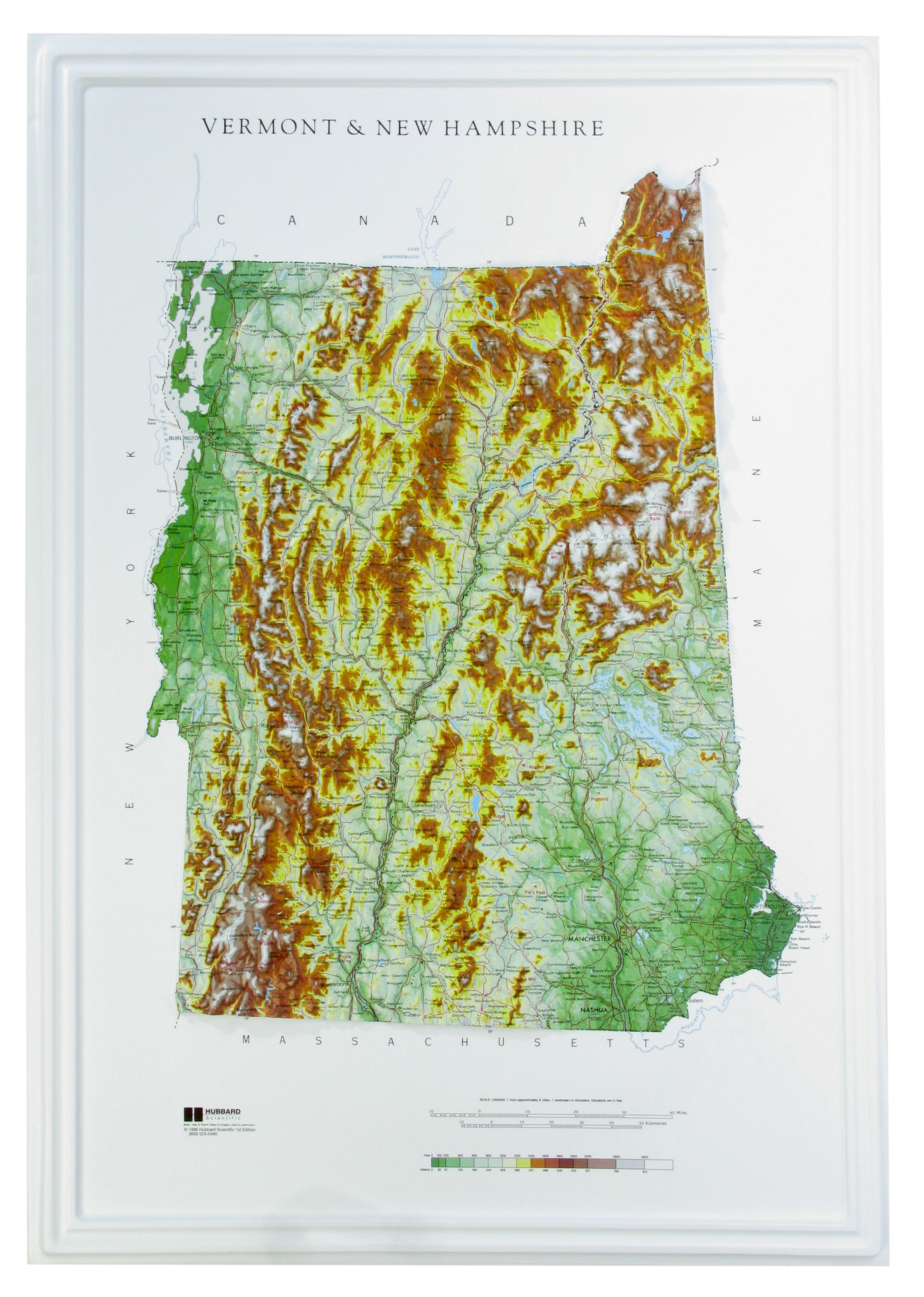 Vermont and New Hampshire Three Dimensional - 3D - Raised Relief Map