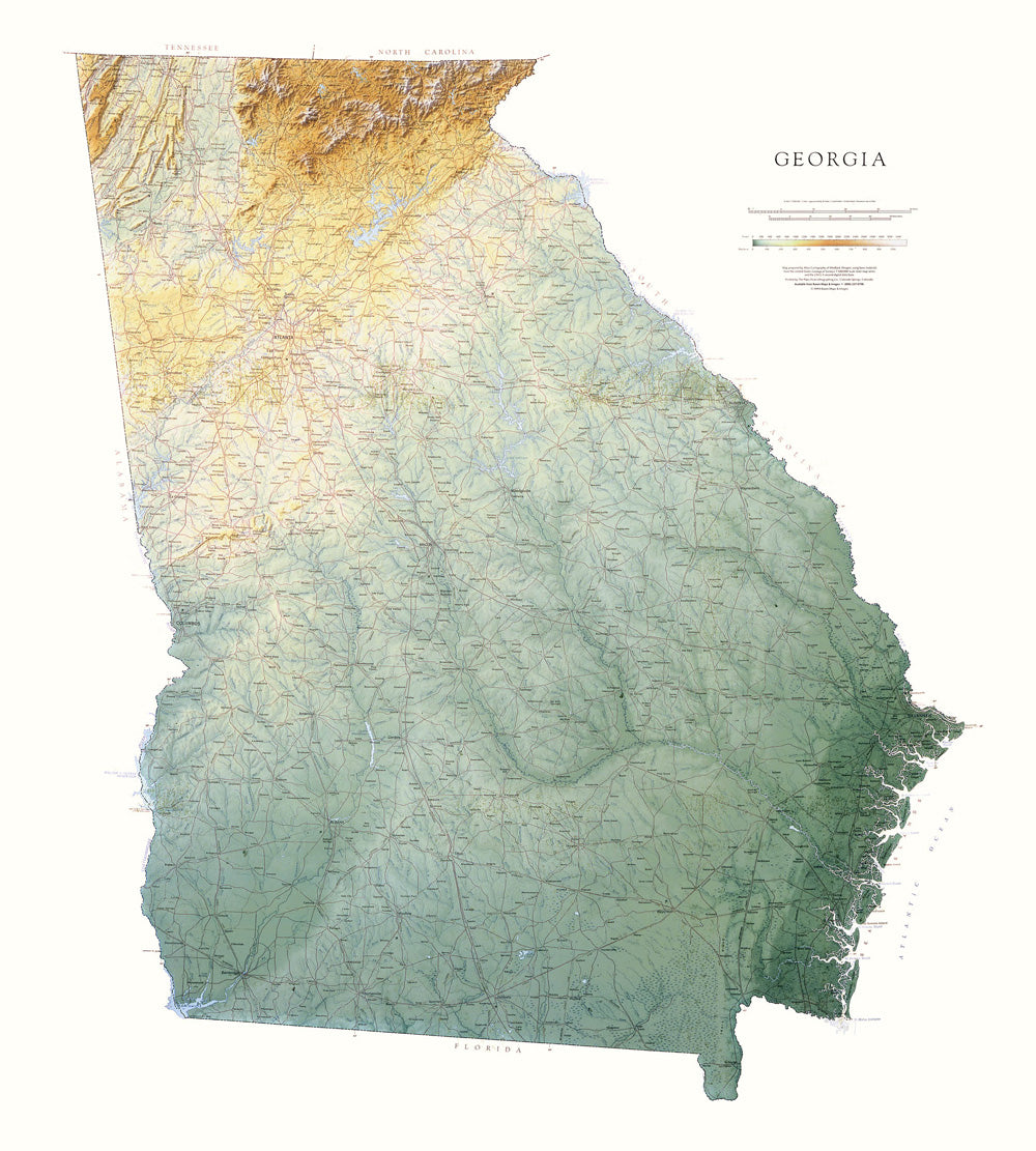 Georgia Topographical Wall Map By Raven Maps, 34" X 64"