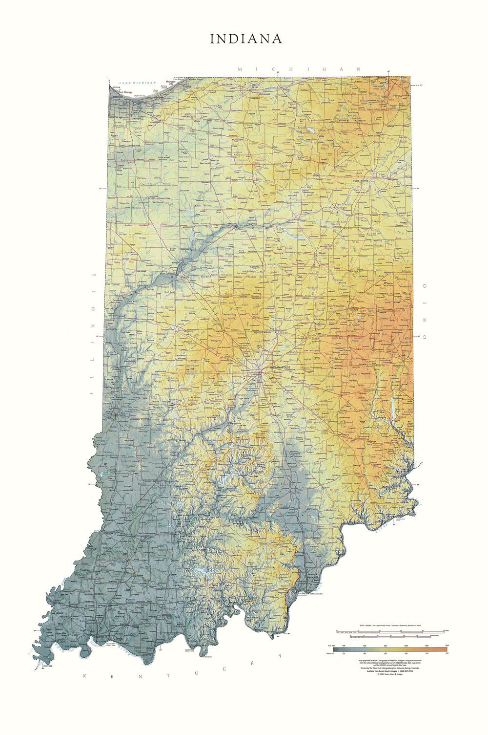 Indiana Topographical Wall Map By Raven Maps, 44" X 29"