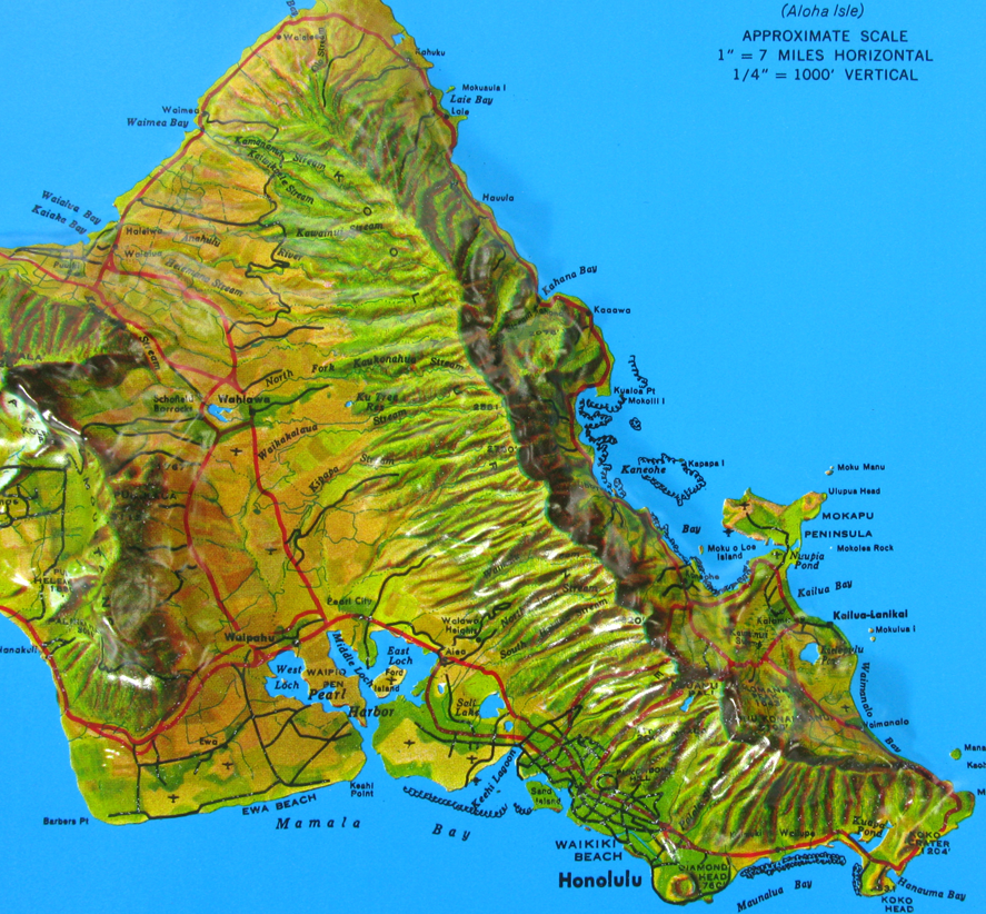 Hawaii Natural Color Relief Three Dimensional 3D Raised Relief Map