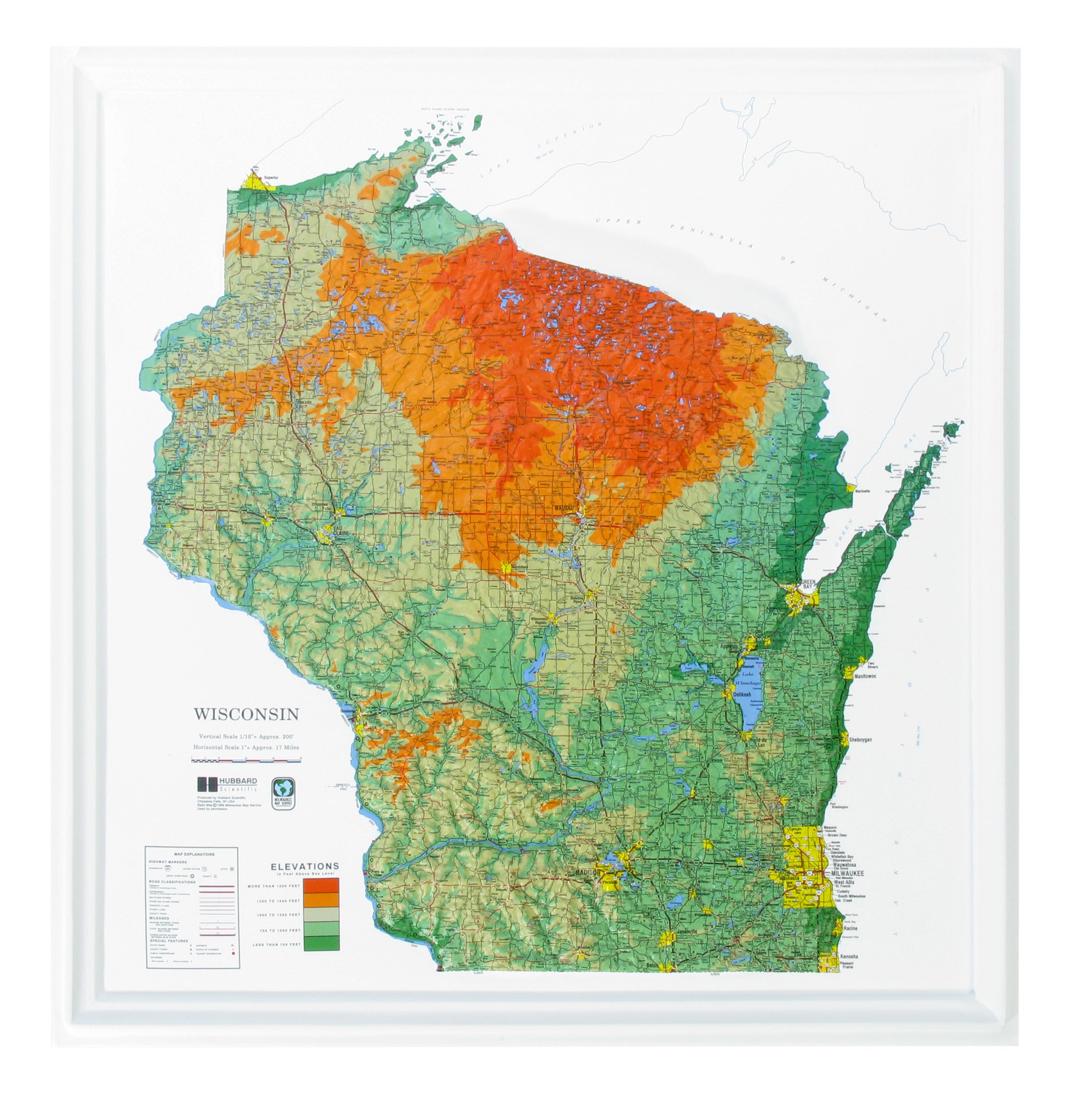 Wisconsin Three Dimensional 3D Raised Relief Map