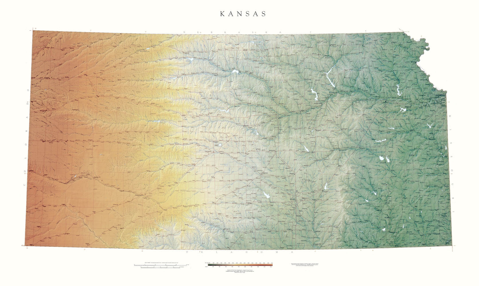 Kansas Topographical Wall Map By Raven Maps, 35" X 58"