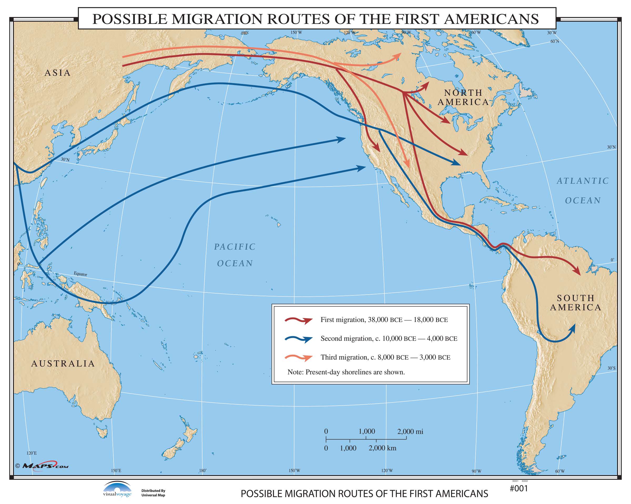 Kappa Map Group  001 Possible Migration Routes Of The First Americans  Classroom education educational pull-down pull down map