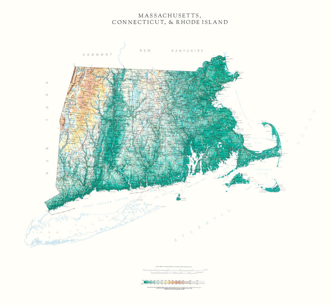 Connecticut, Massachusetts, & Rhode Island Topographical Wall Map By Raven Maps, 32" X 36"