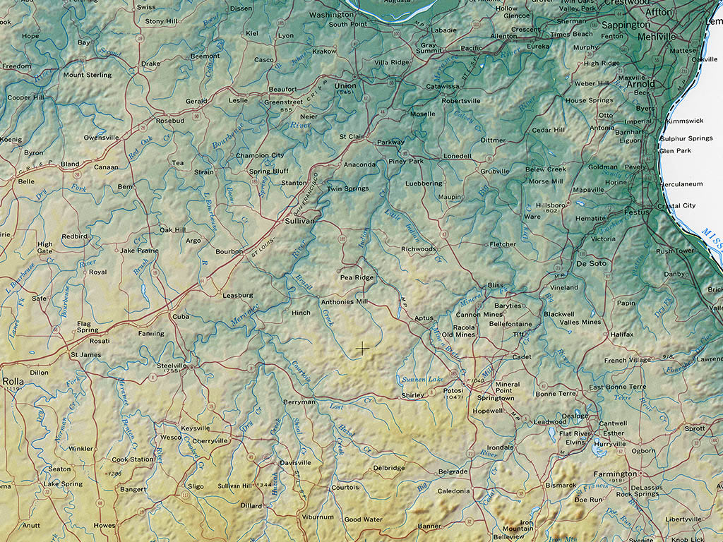 Missouri Topographical Wall Map By Raven Maps, 42" X 46"