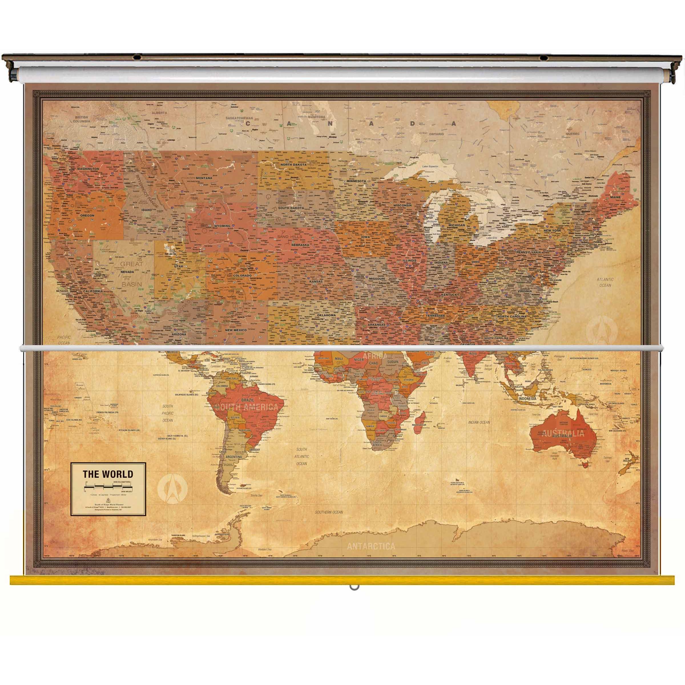 South of King Pioneer US/World Combo Classroom Pull Down Wall Map