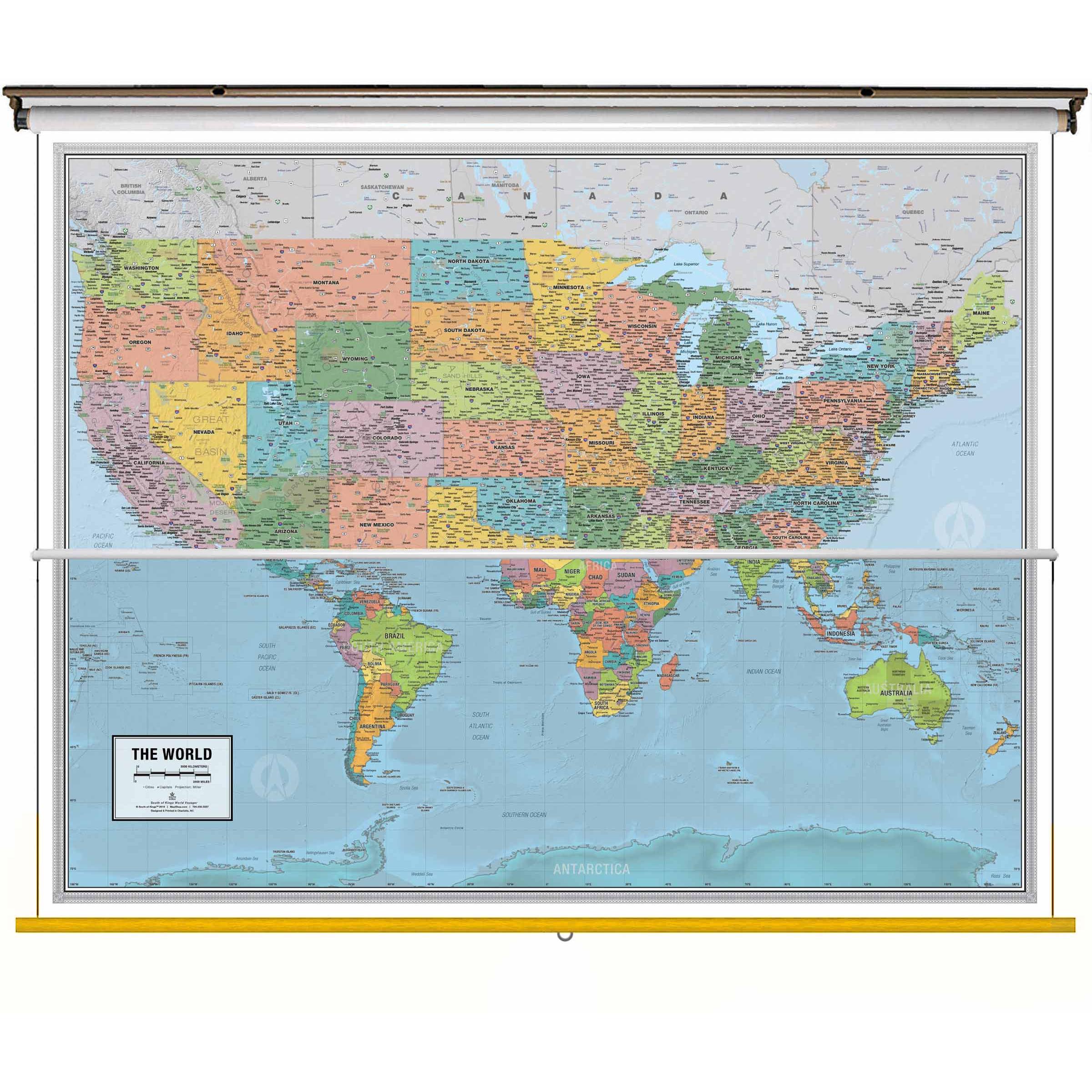 South of King Voyager US/World Combo Classroom Pull Down Wall Map