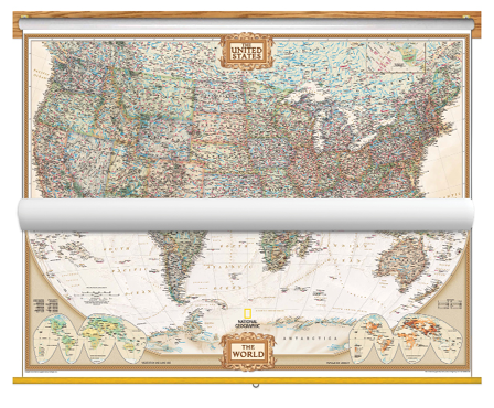 National Geographic Political US and World Map Classroom Pull Down 2 Map Bundle - Antique Tones