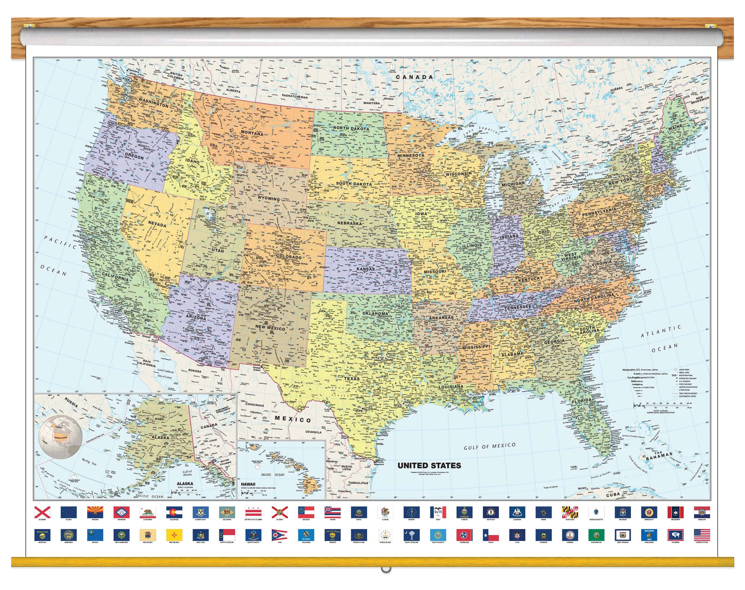 Classic USA Wall Map with Flags Classroom Pull Down School Map