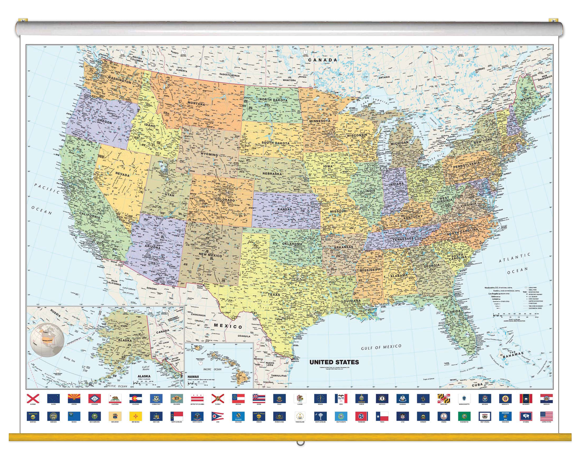 Classic USA Wall Map with Flags Classroom Pull Down School Map