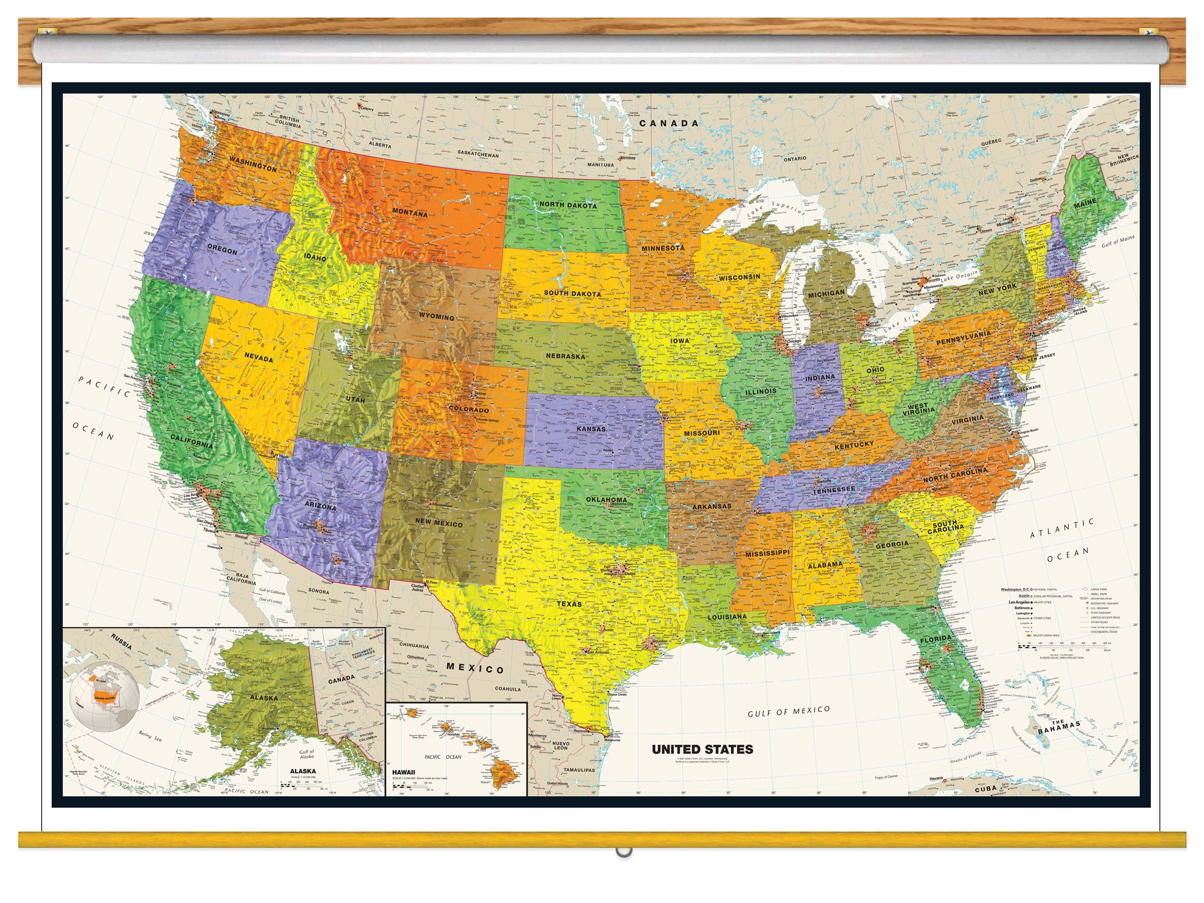 Contemporary United States US Map Classroom Pull Down Map