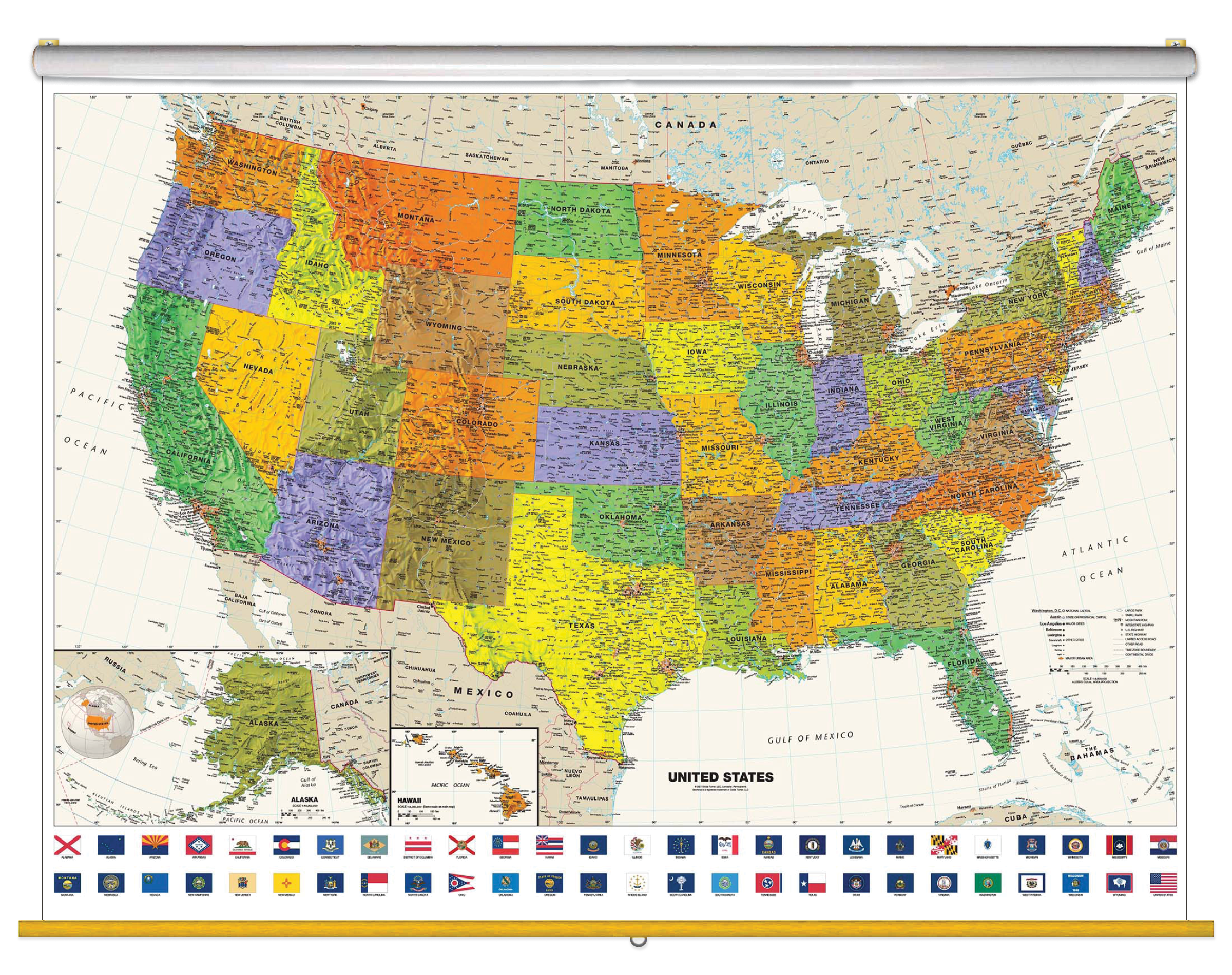 Contemporary US Map with Flags Classroom Pull Down Map