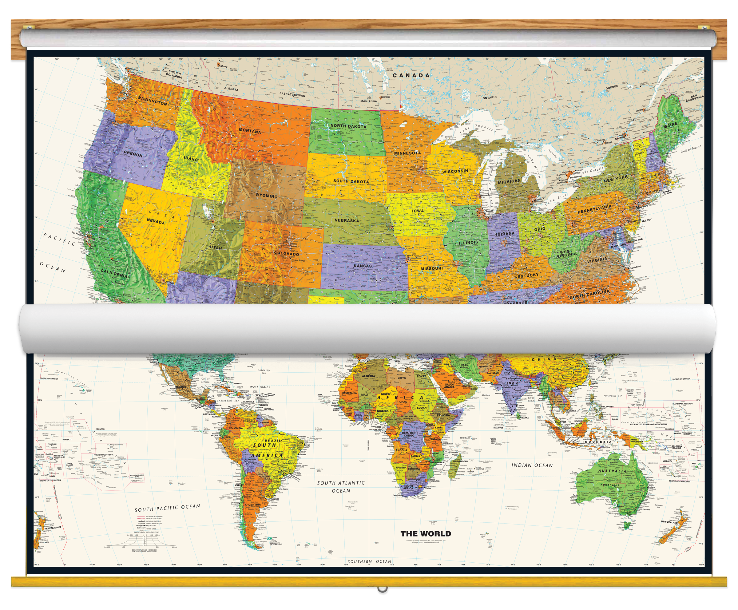 Contemporary US and World Map Classroom Pull Down Educational 2 Map Bundle