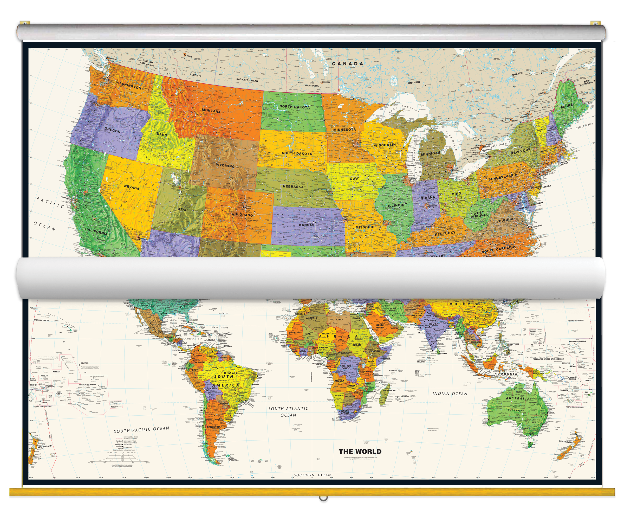 Contemporary US and World Map Classroom Pull Down Educational 2 Map Bundle