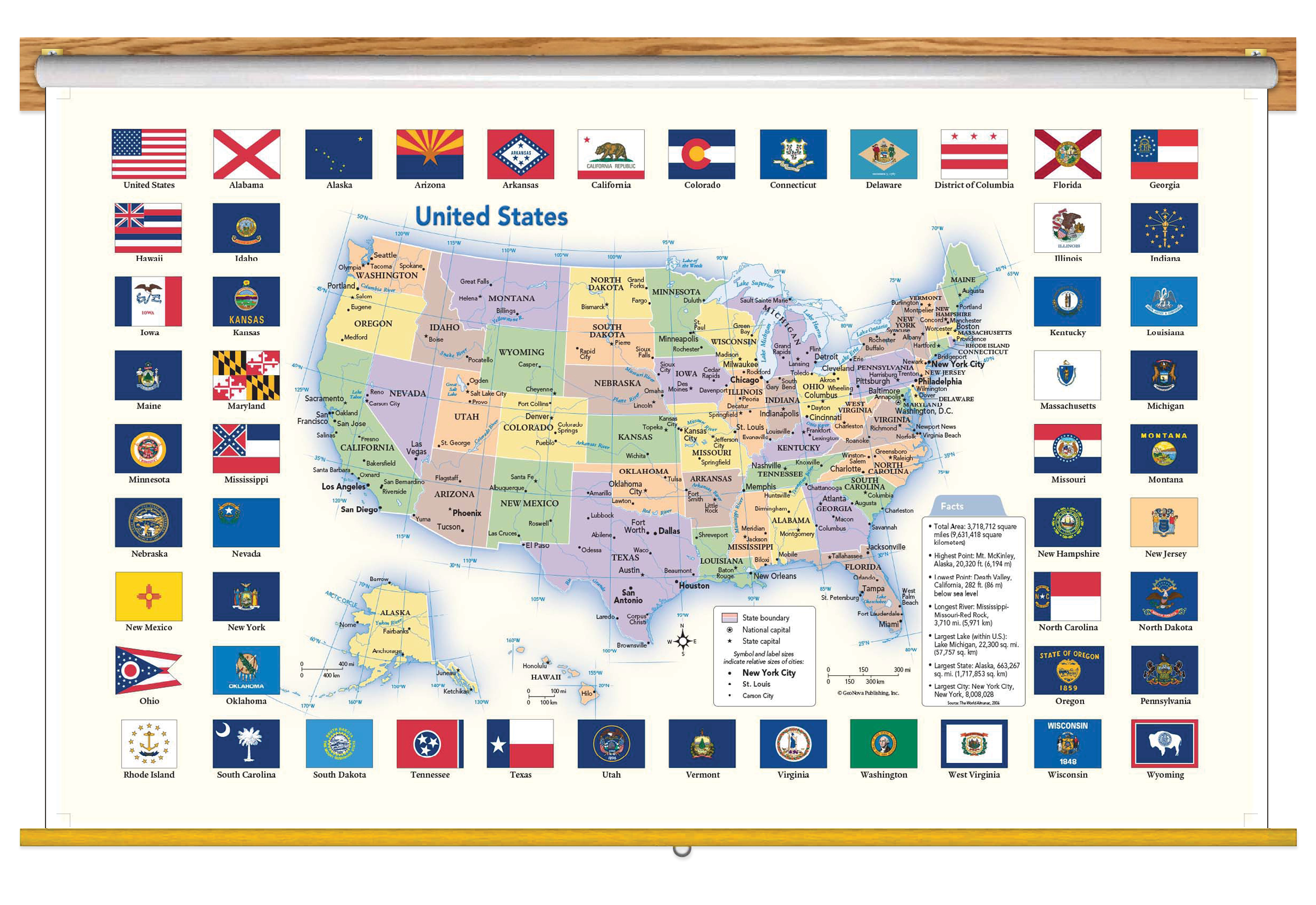 United States US Flags Wall Map Classroom Pull Down