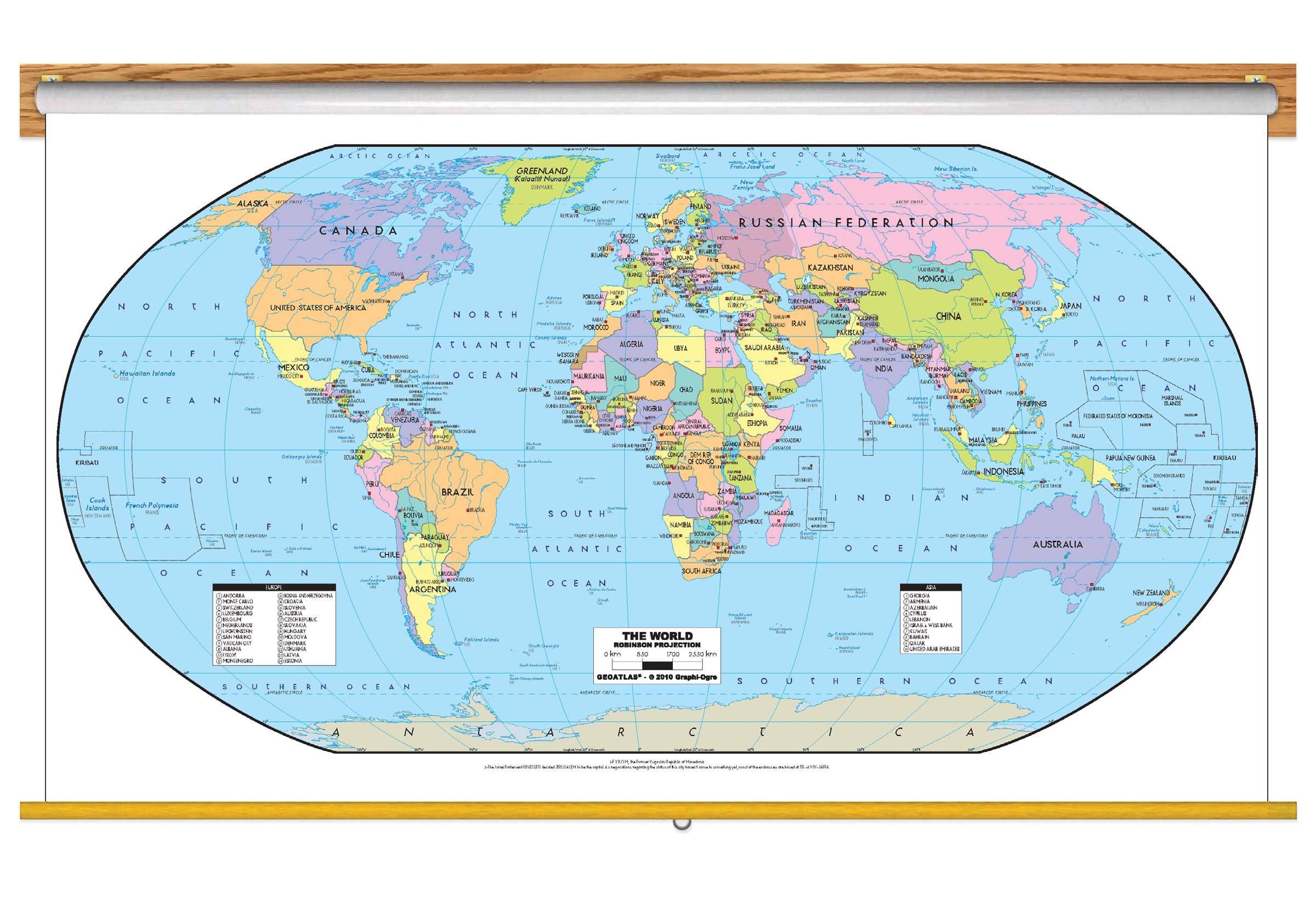 World Political Wall Map Classroom Pull Down - Robinson Projection