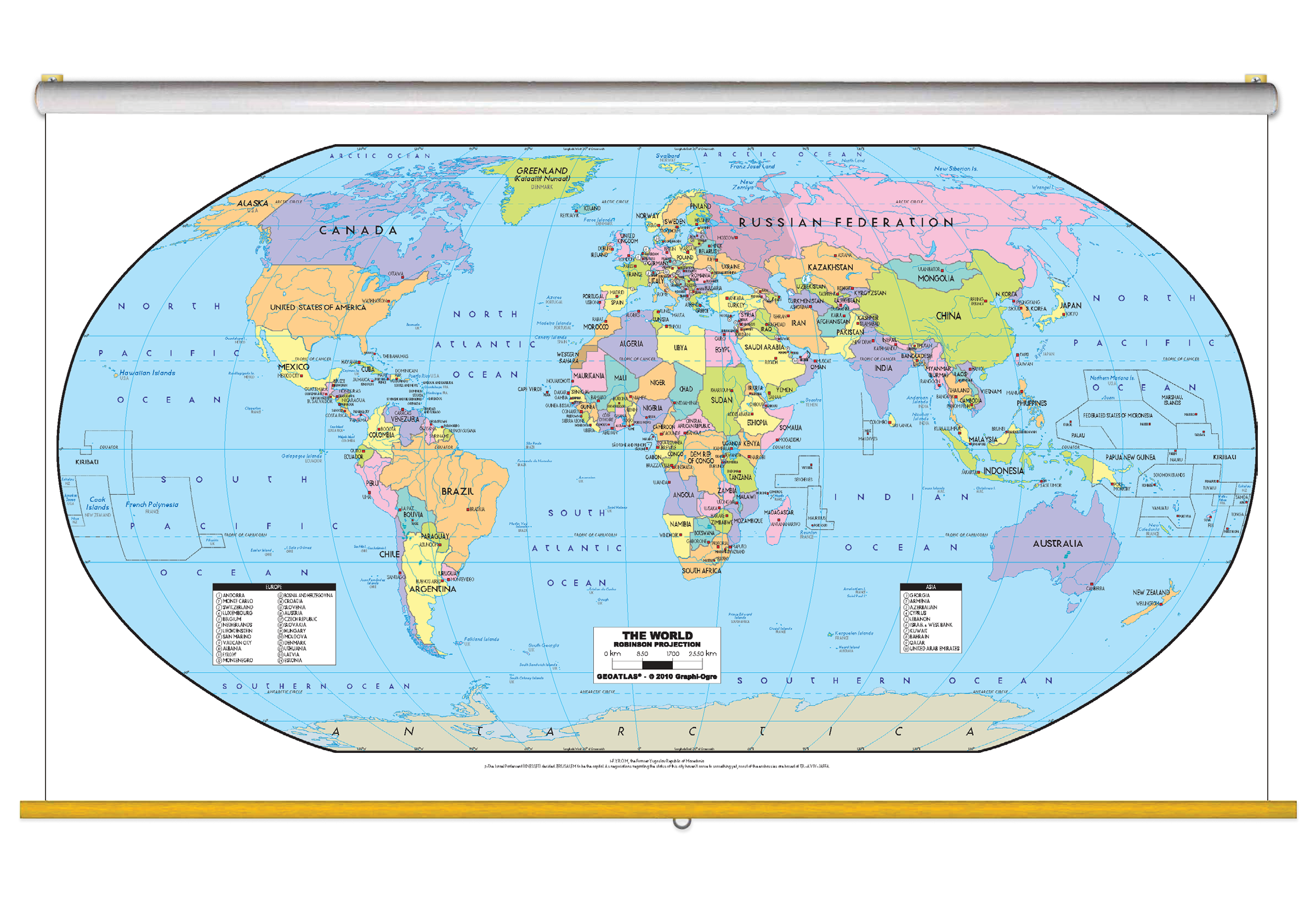 World Political Wall Map Classroom Pull Down - Robinson Projection