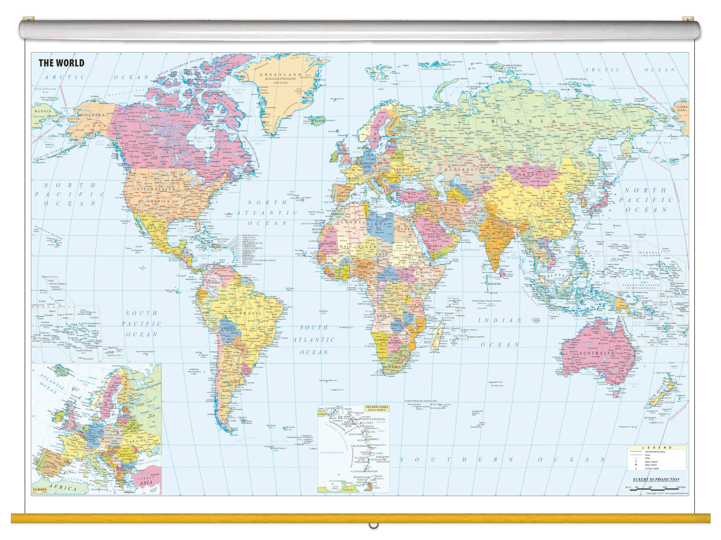 World Political Wall Map with Cities Classroom Pull Down